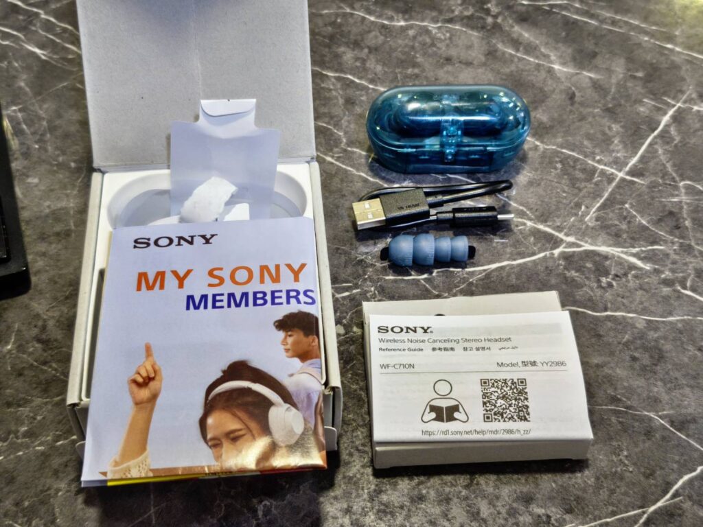 内容物(USB typeC、充電ケース、サイズ違いのイヤーピース。説明書)